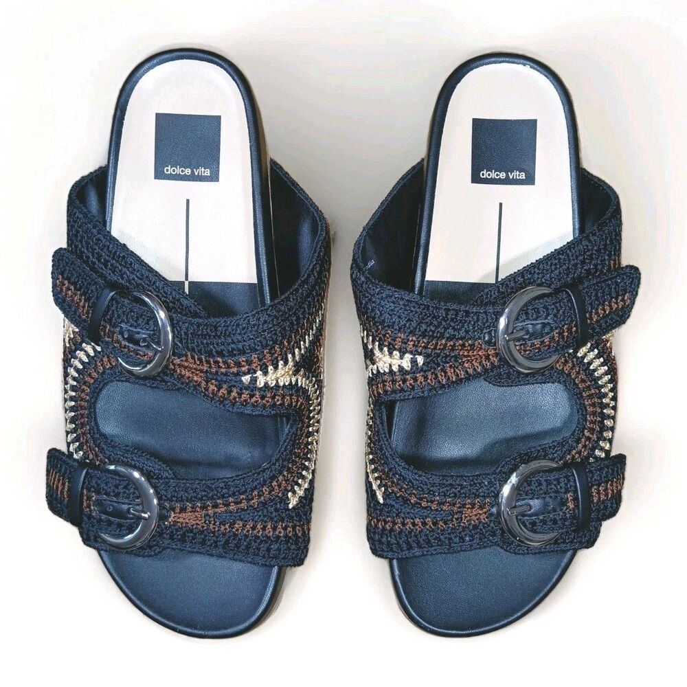 New ​DOLCE VITA Crochet Platform Slide Sandals Women's Size 8.5 Cork Weave Black